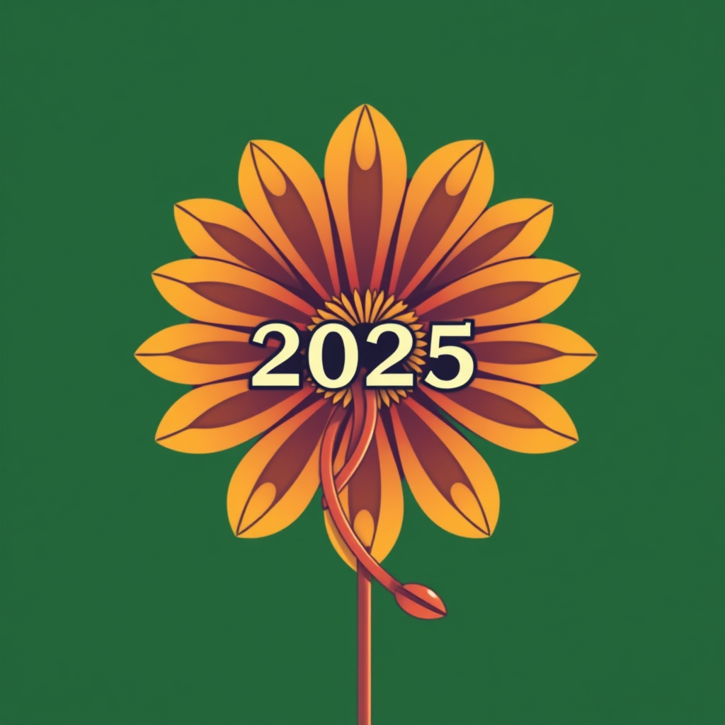 Intertwined Harmony Icon: The EDC daisy is formed by two or more distinct elements (e.g., a sound cable and a flower stem, or a light beam and a petal structure) twisting together in a symbiotic relationship. '2025' is formed at the intersection or along the intertwined paths.