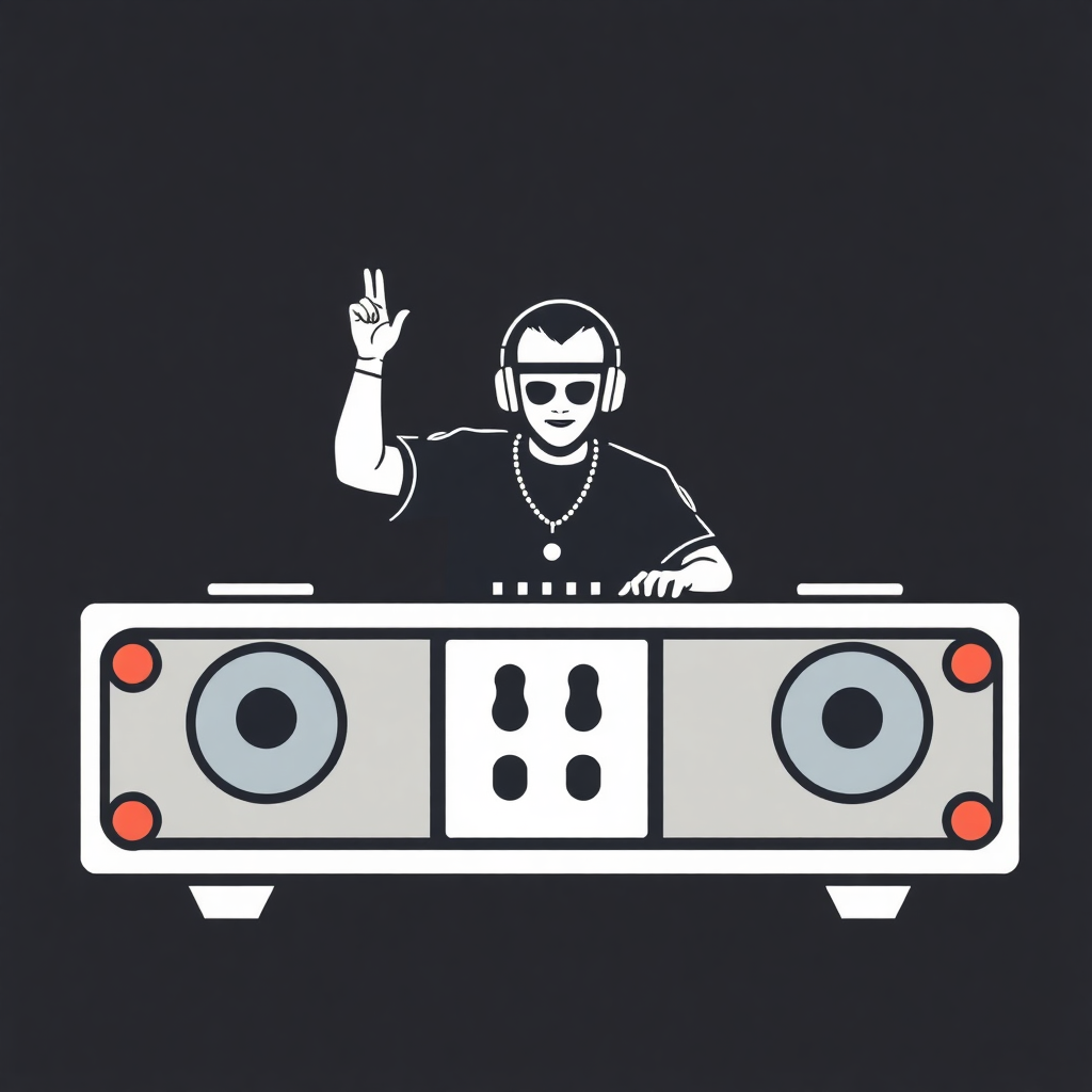 The image is a graphic illustration of a DJ playing music on a turntable. The DJ is wearing a black t-shirt, sunglasses, and headphones. He is holding up a peace sign with his right hand and has a serious expression on his face. In front of the DJ, there is a white boombox with two red knobs on either side. The background is black. The overall design is simple and minimalistic.