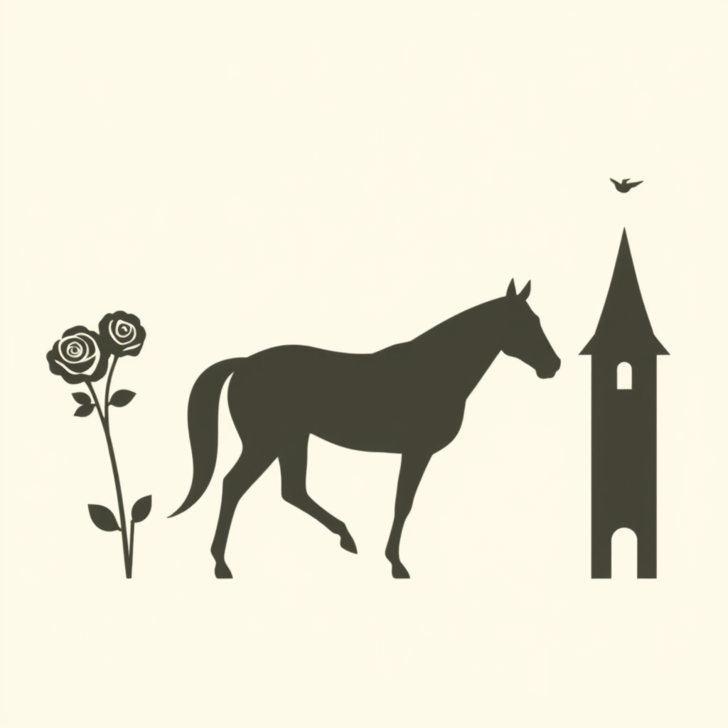 Negative space design where the silhouette of a Thoroughbred is formed between two simplified iconic elements of the Derby, like stylized roses or minimal representations of the Churchill Downs spires.