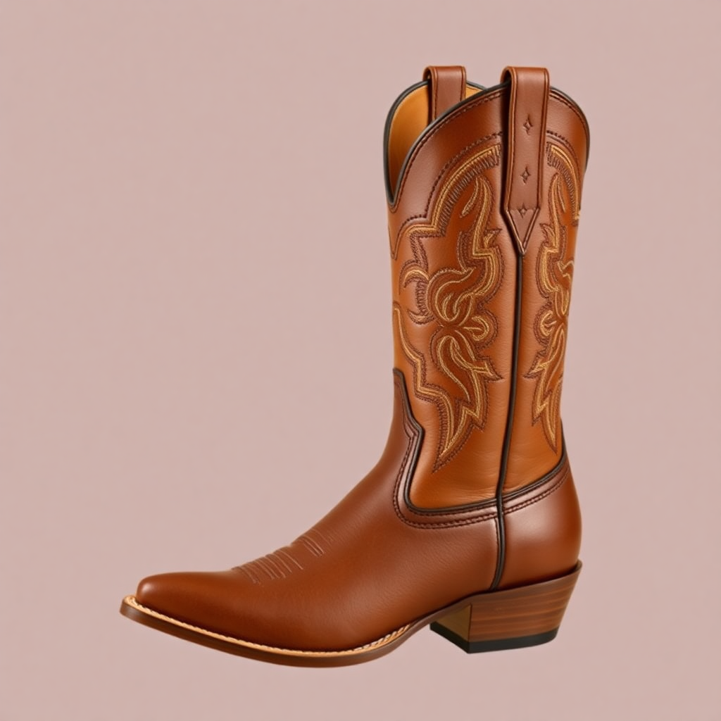 Classic Western Boot: A traditional design with intricate stitching patterns, a pointed toe, and a Cuban heel, made with high-quality leather in natural tones like brown, tan, or black.