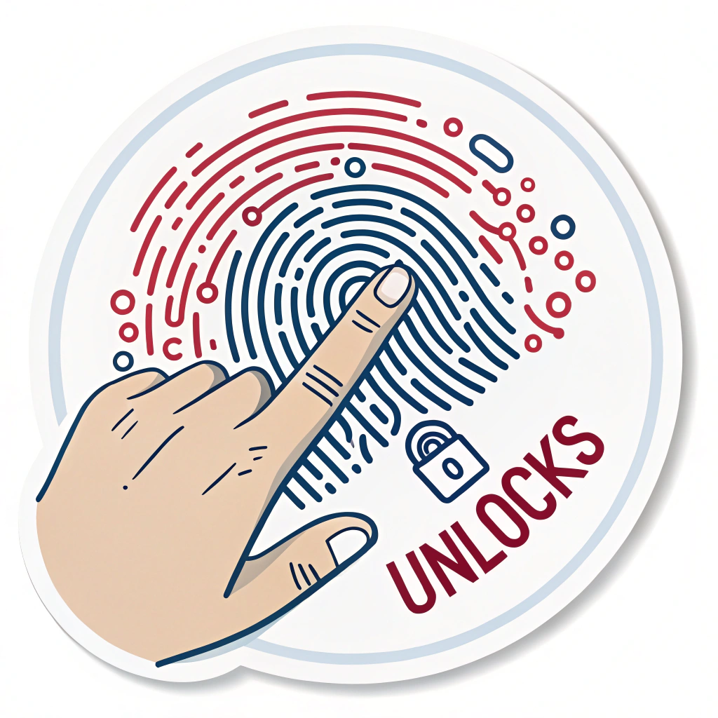 Sub-design Idea 4: A sticker showing a finger touching a surface, and where the fingerprint makes contact, it 'unlocks' or reveals a digital matrix or data stream pattern beneath, suggesting access to a secure system.