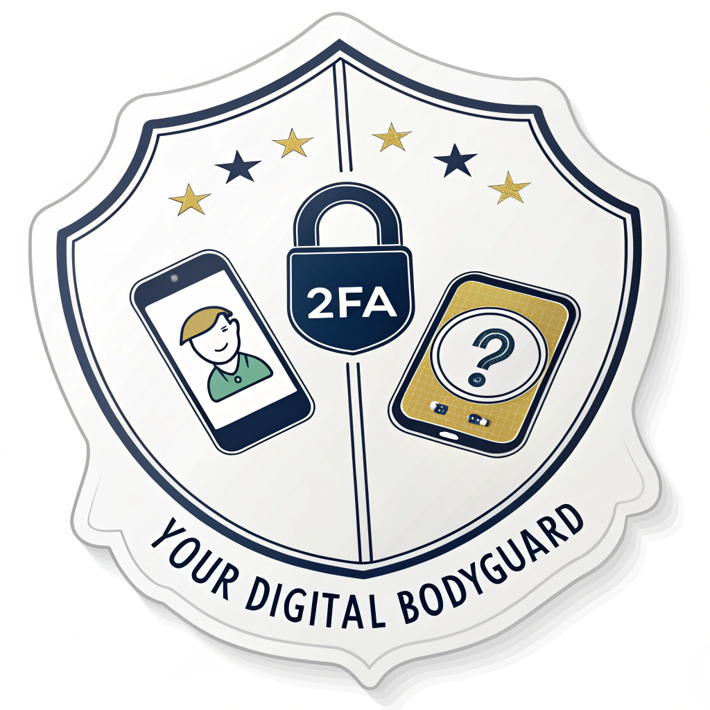 Dual-Lock Badge Sticker: Design a sticker resembling a security badge or emblem. It prominently features two interlocked icons: a classic padlock (for password) and a modern smartphone displaying a key or code (for the second factor). The letters '2FA' are integrated into the design, possibly at the intersection or above the locks. 'Your Digital Bodyguard' serves as a reinforcing motto.