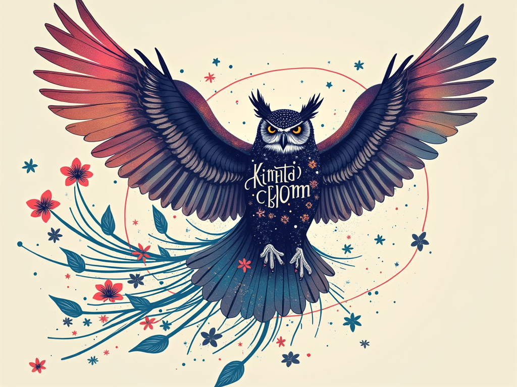 A more minimalist design featuring the outline of an owl in flight, its flight path leaving a trail of blooming flowers and light streaks (kinetic energy). The owl itself could be filled with a cosmic pattern or a subtle gradient of EDC colors. The text 'Kinetic Bloom' could be elegantly integrated into the flight trail.