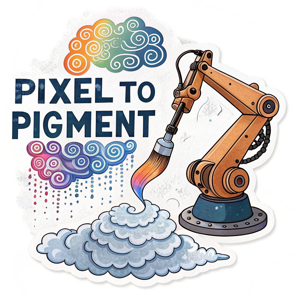An abstract representation: a robotic arm emerges from a swirling cloud of binary code or data points, its paintbrush transforming digital pixels into tangible, artistic brushstrokes on a canvas. Sticker text: 'Pixel to Pigment'.