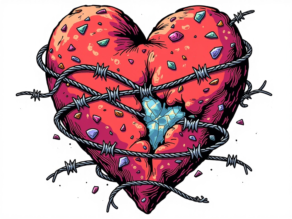 The Heartbreak Diamond: A large, anatomically stylized heart made partially of brilliant, sharp-edged gemstones and partially of rough, crumbling rock or concrete. Barbed wire could be wrapped around it. The 'toothache' aspect can be implied by cracks in the gem or a darker, painful core. Post Malone's distinct tattoos could be subtly integrated into the textures.