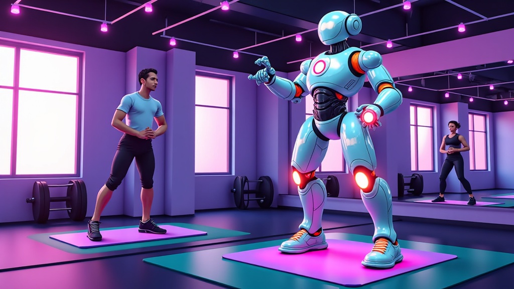  a futuristic gym with a large robot in the center. The robot is blue and orange in color and is standing on a pink mat. It is holding a pair of dumbbells in its hands and appears to be in the middle of a workout. On the left side of the image, there is a young man wearing a blue t-shirt and black leggings, standing with his hands on his hips and looking at the robot. In the background, there are two other people, one wearing a black tank top and the other wearing a gray tank top. The gym has large windows and pink walls, and there are various exercise equipment scattered throughout the space. The overall atmosphere of the gym is bright and energetic.