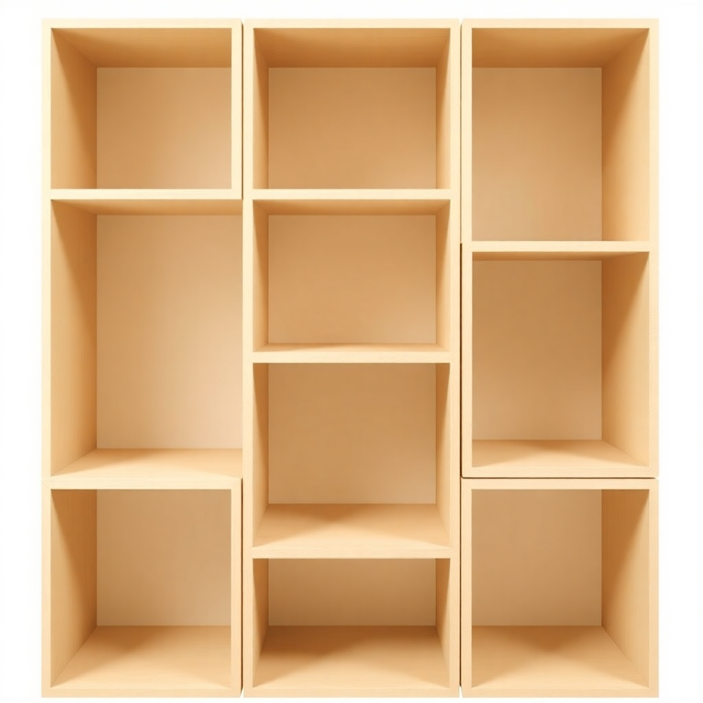 Stackable storage cubes with interlocking edges, creating customizable shelving units or room dividers.