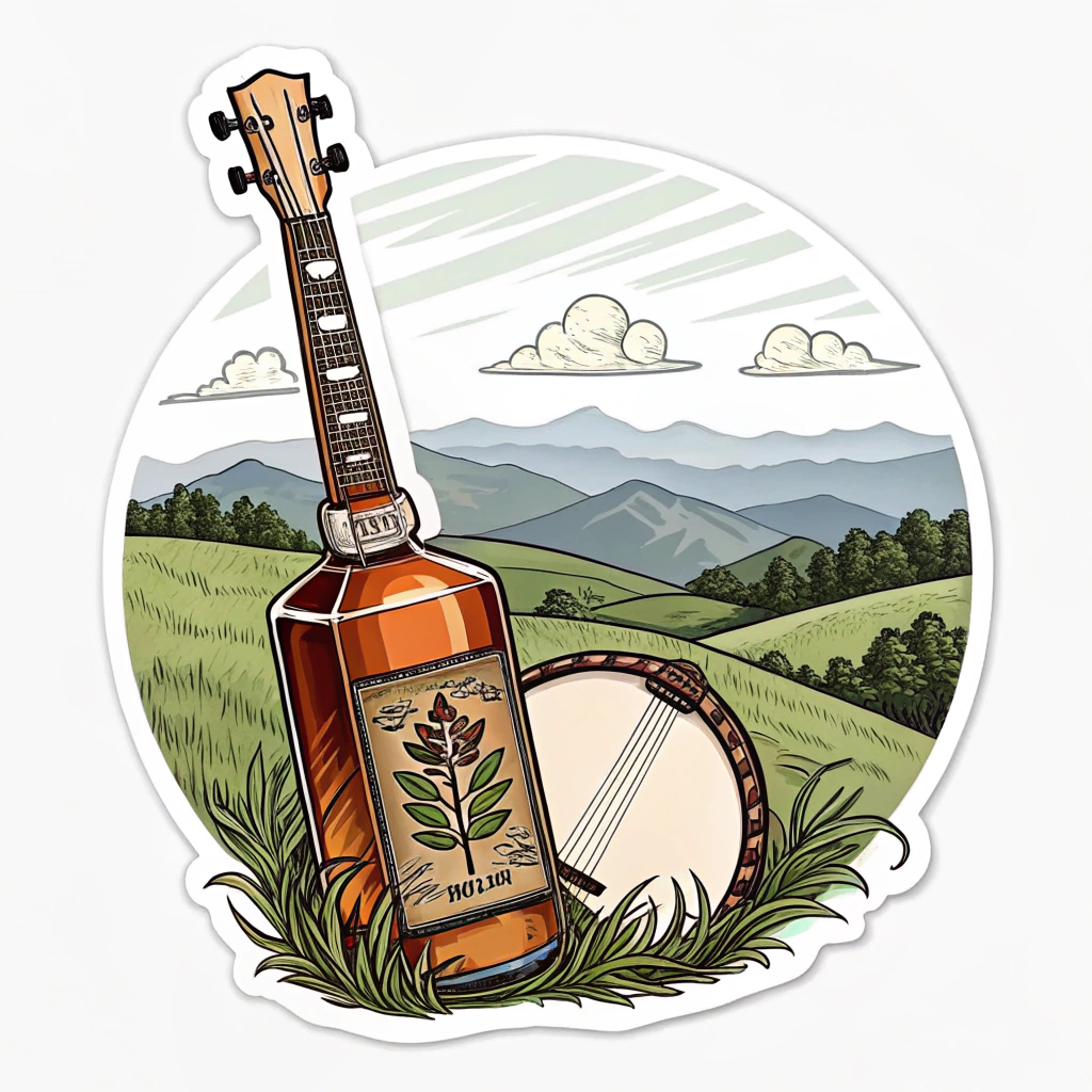 A sticker featuring a stylized bourbon bottle with a banjo neck, set against a background of rolling bluegrass hills.