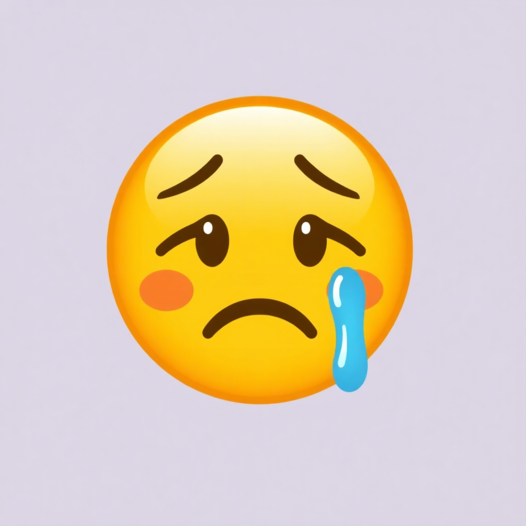 The image shows an animated yellow smiley face with a sad expression, crying with tears streaming down its cheeks.