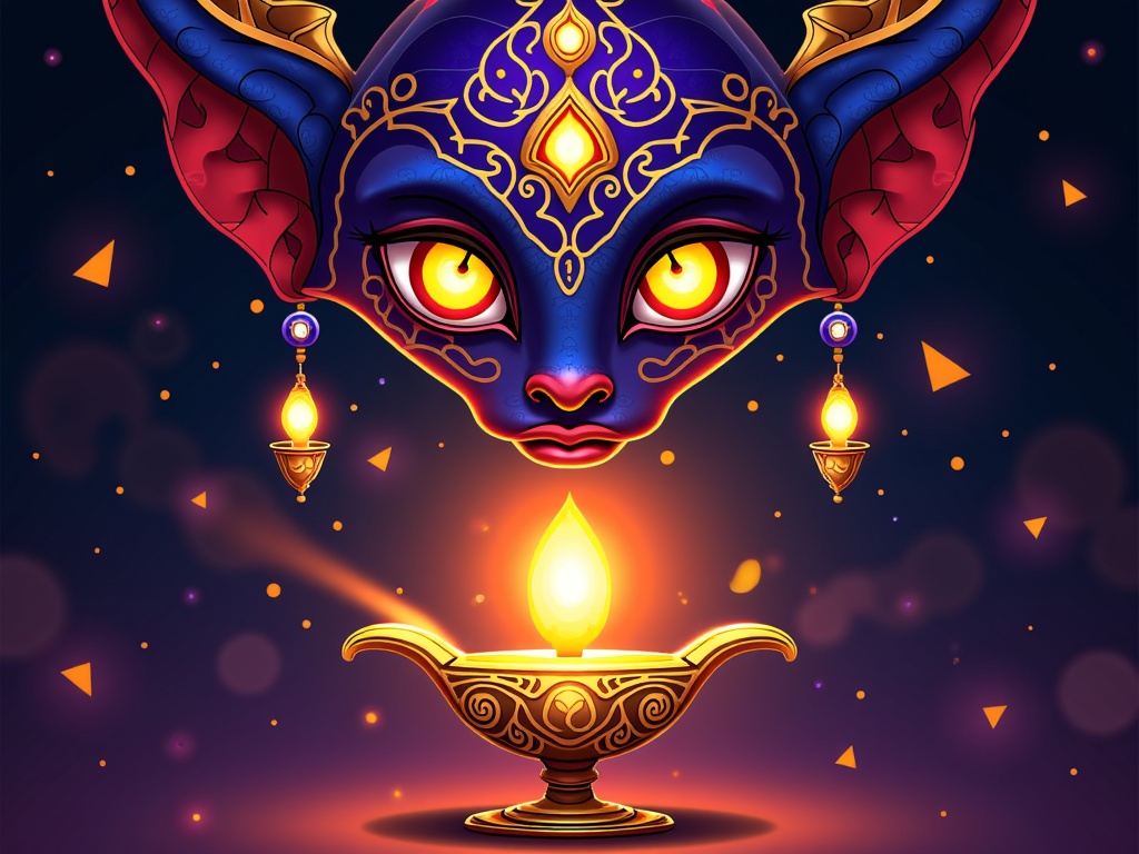 Close-up on the Djinn's majestic and mystical face as it fully materializes above the lamp. Emphasize its intricate, ethereal features, perhaps with glowing patterns or jewelry woven into its smoky form, reflecting the opulence of Arabian tales.