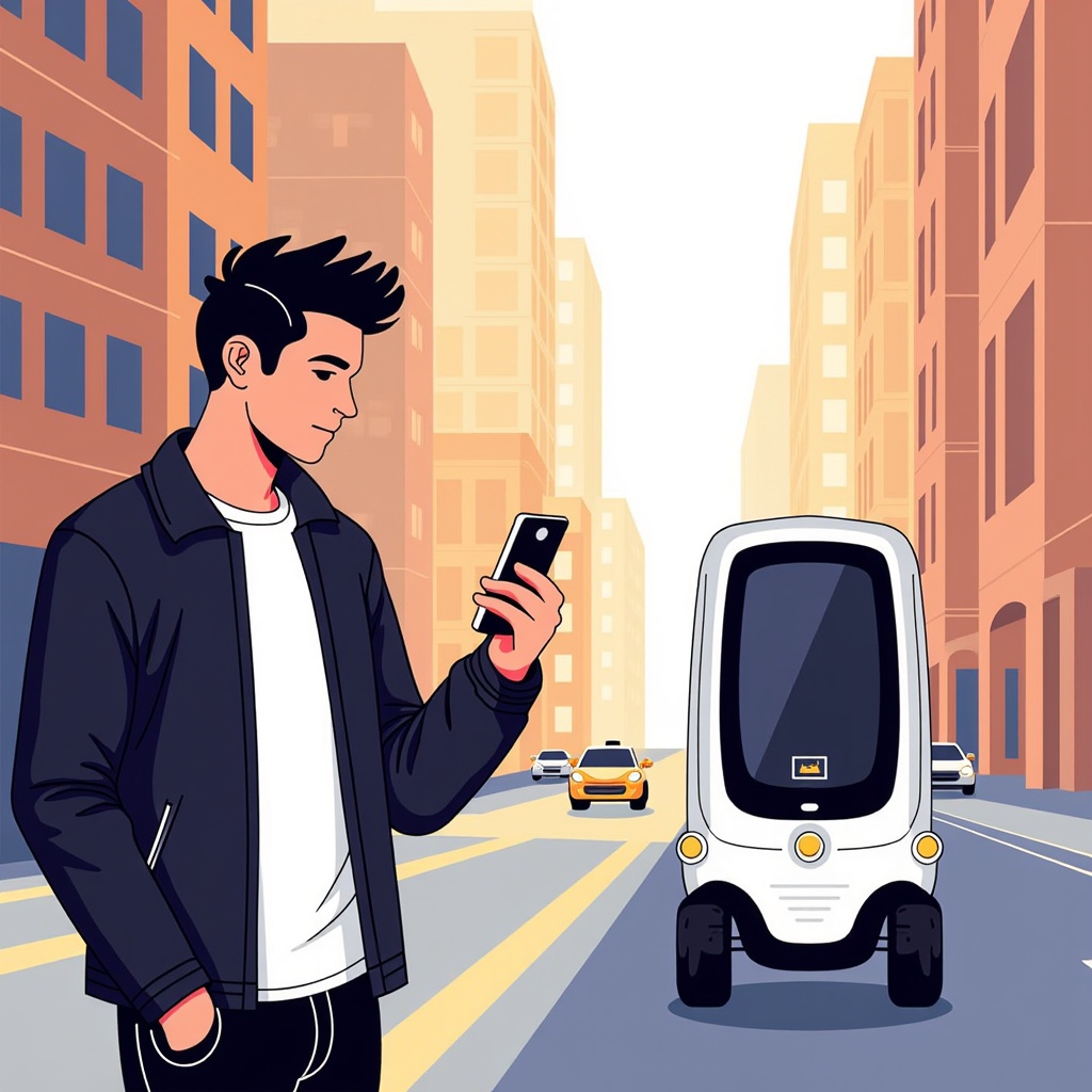 Morning Summon: A split illustration showing a person effortlessly summoning a robotaxi via a sleek, intuitive smartphone app on one side, and the robotaxi autonomously navigating early morning city streets to arrive at their location on the other.