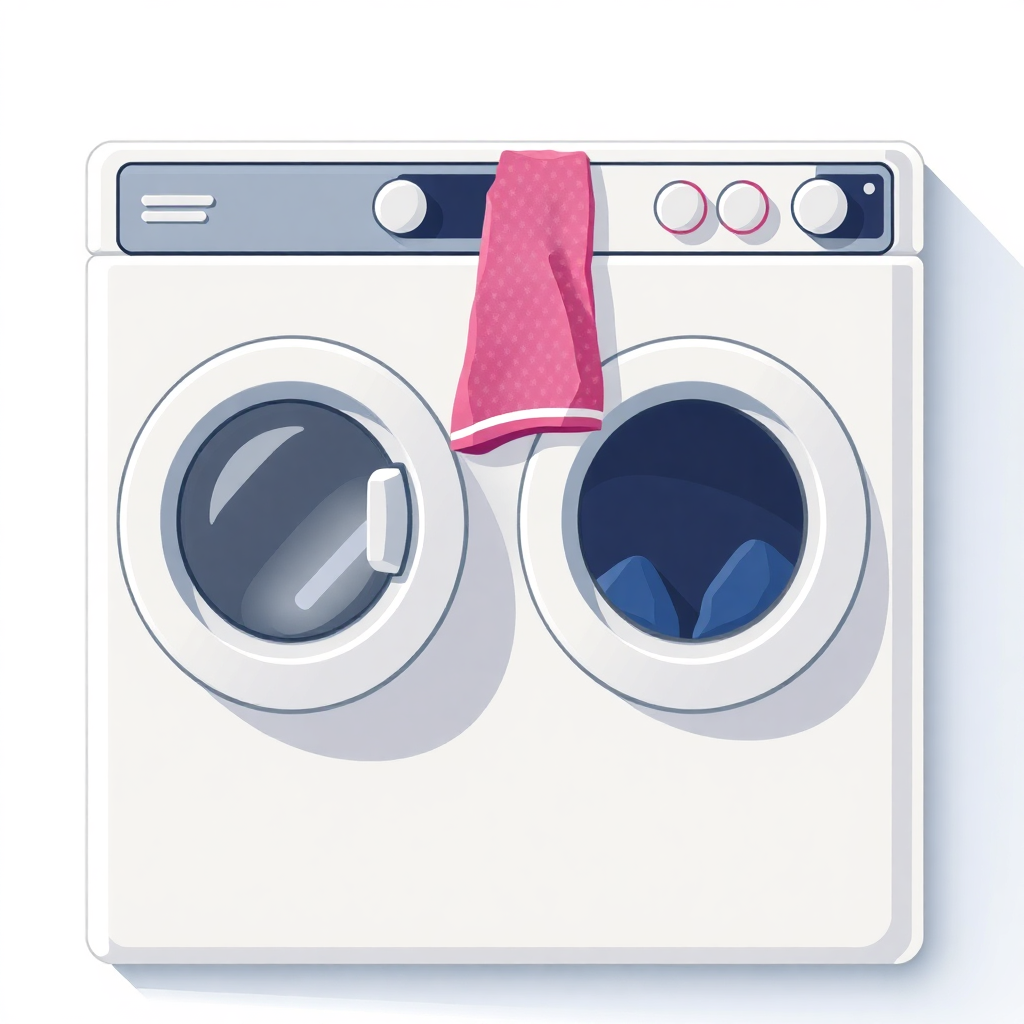 The image shows a white washing machine with a pink towel hanging from the top of it. The background is a bright white color, giving the image a clean and crisp look.