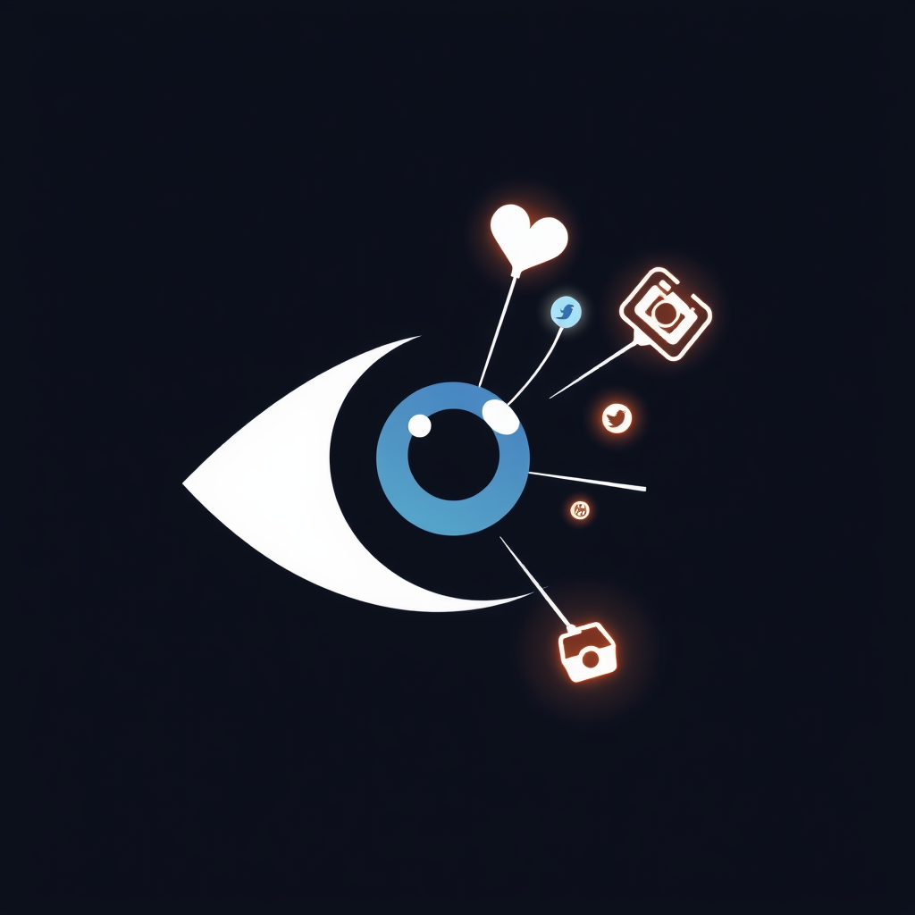 Simple Logo Idea: A stylized eye or AR lens symbol, with familiar social media icons (e.g., heart, bird, camera) emanating from it as miniature, glowing holographic projections.