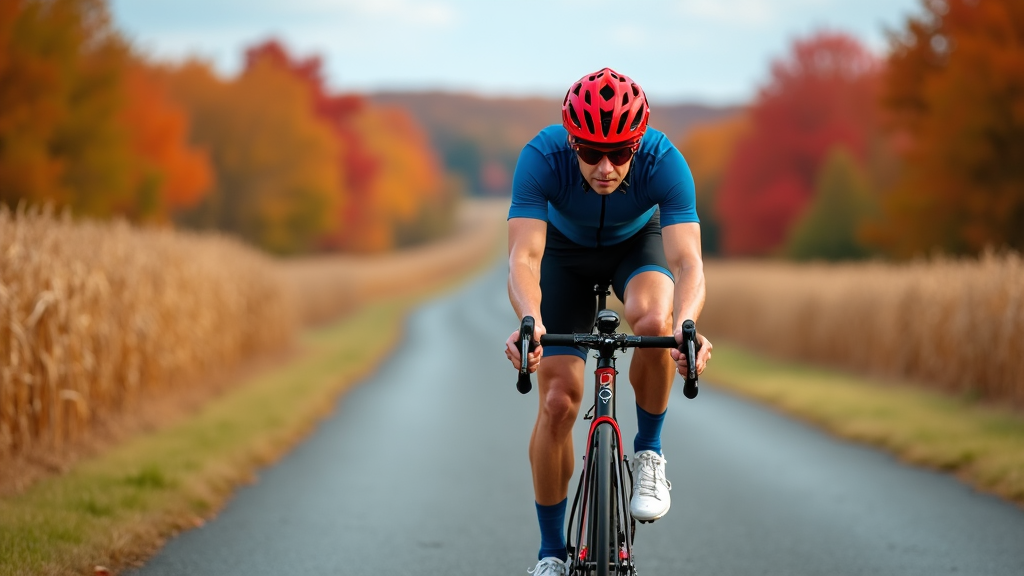 A cyclist pedals down a country road, passing fields of harvested corn and trees ablaze with fall colors.