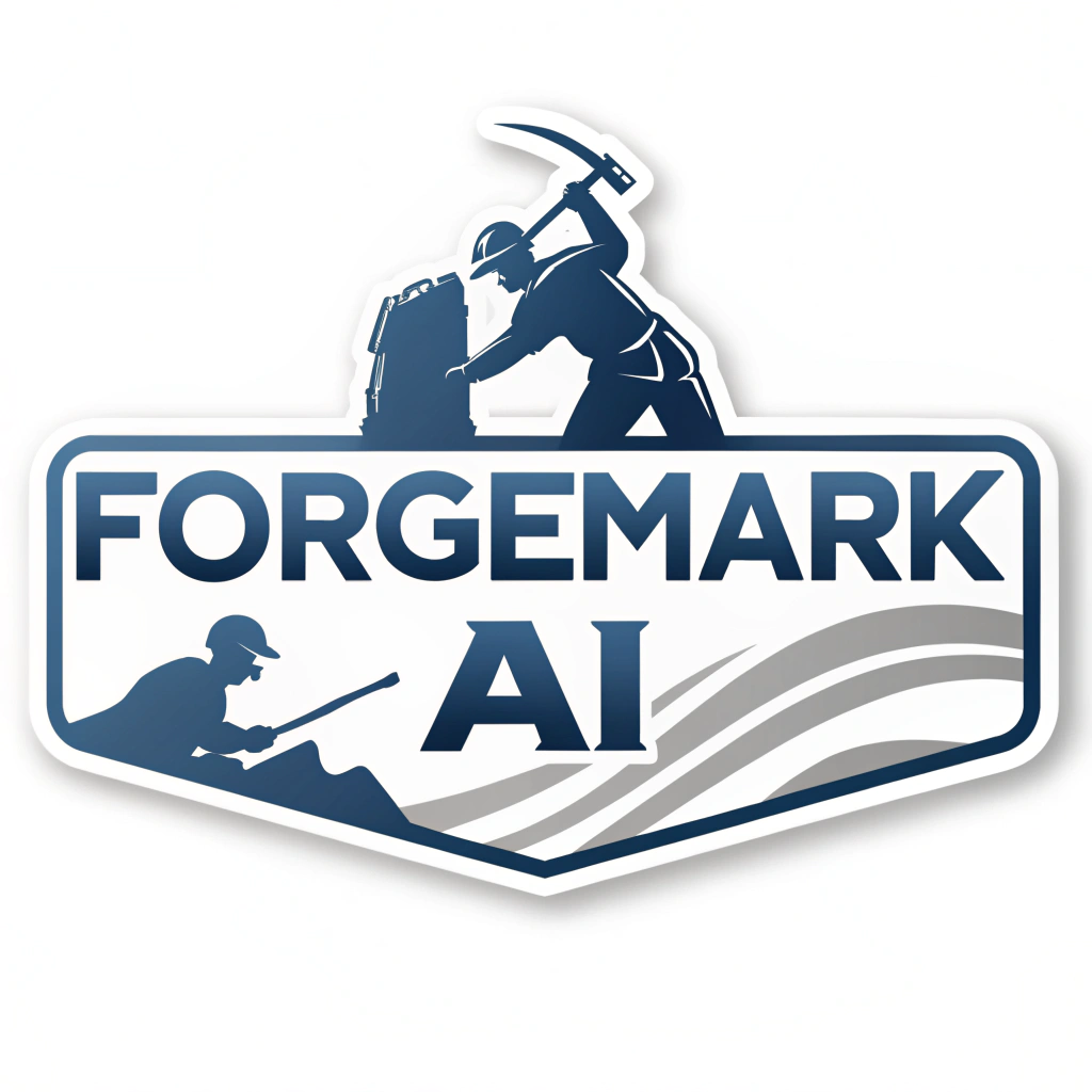 Simple Logo Idea: 'ForgeMark AI' - The letters 'AI' designed with a strong, chiseled, metallic 'forged' aesthetic, perhaps with one letter subtly transitioning into a digital waveform or a pixelated brushstroke, indicating AI shaping creativity.