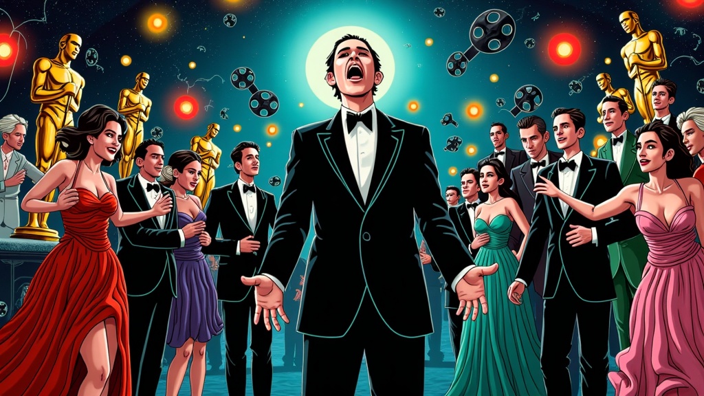 A scene of a 'Hollywood Graveyard Ball,' where Post Malone, as the vampiric master of ceremonies, performs amidst glamorously dressed undead figures, broken Oscar statues, and eerie, glowing film reels under a gothic sky.