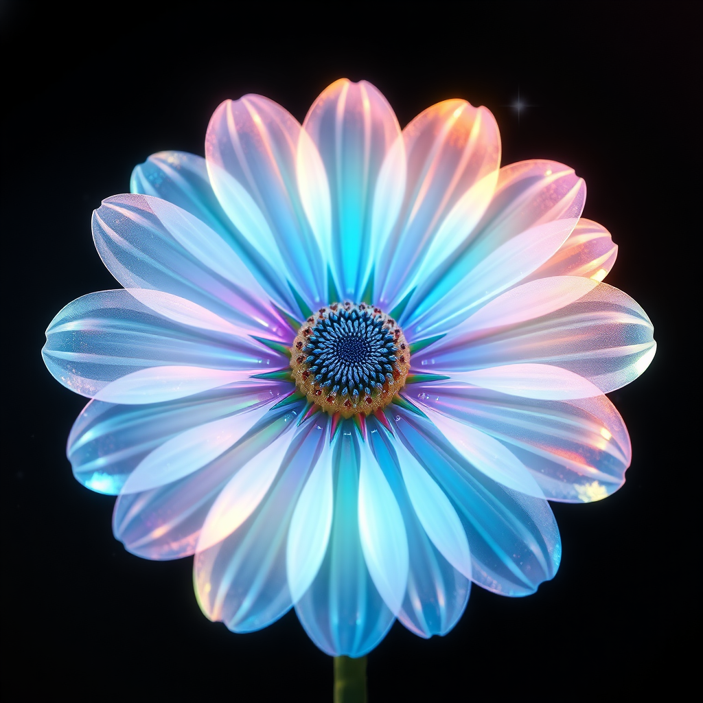 Holographic Aurora Daisy: A translucent, iridescent daisy that appears as a shimmering hologram. Light refracts through its form, creating an aurora-like effect. The 'Digital Dawn' is implied by its ethereal, futuristic nature and subtle light particles materializing around it.
