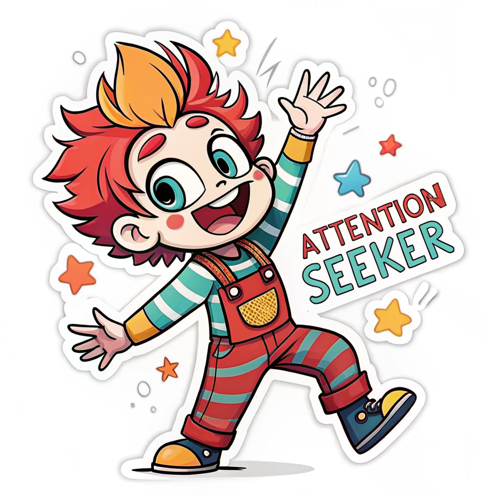 The image shows a cartoon sticker of a boy with red hair and the words 