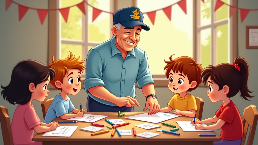 An endearing cartoon showing a group of children gathered around a table crafting 'Thank You' cards. A veteran, with a gentle smile, watches and assists them. Papers and crayons are scattered, and windows reveal a sunny day outside with festive decorations of flags and bunting strung up.