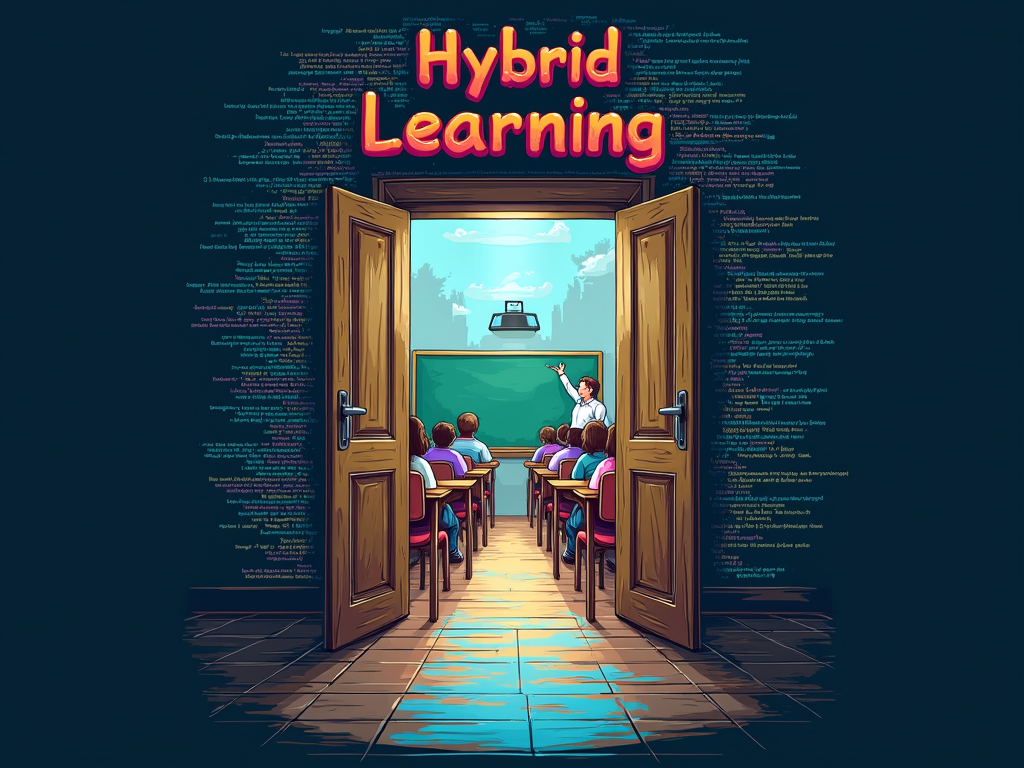 Design a graphic representing a doorway or portal. On one side, the view shows digital code or pixels; passing through the portal reveals a traditional classroom scene. Place the text 'Hybrid Learning' above the portal.