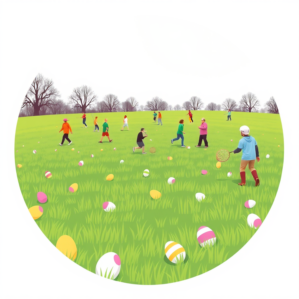 An open field with scattered Easter eggs and people playing games, representing community fun and outdoor activities.