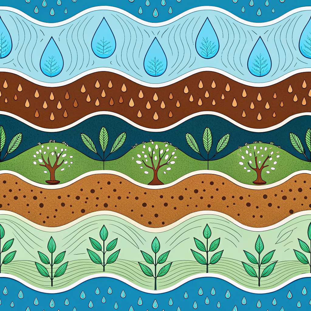 Water Infiltration & Retention Pattern: Designs using wavy lines, droplet motifs, and layered soil profiles to illustrate water absorption and healthy soil structure, utilizing blues, greens, and rich browns.