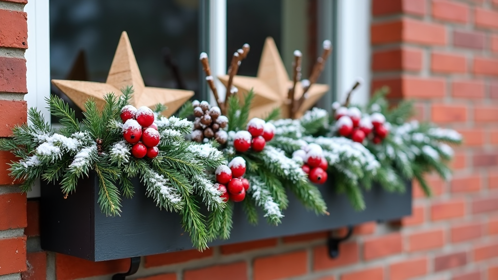 A window box outside a brick home, filled with seasonal decorations including mixed greens, red berries, and rustic wooden stars, all dusted with artificial snow for a charming winter display.