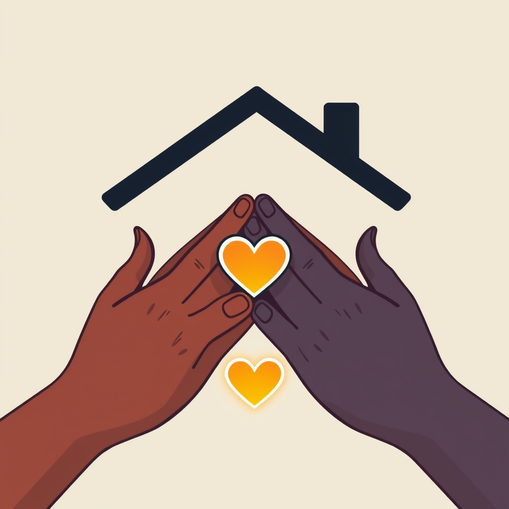 Two diverse hands gently forming the shape of a house roof, with a small, glowing heart icon nestled underneath or within the hands, symbolizing care, community support, and shelter.