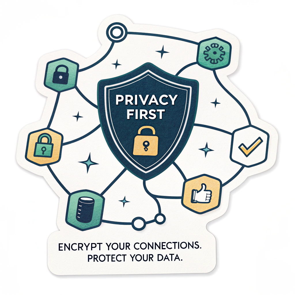 Privacy Shield Network: A central shield icon with 'Privacy First' on it, from which lines extend to smaller icons of encrypted data packets (e.g., small cubes with lock symbols). Text: 'Encrypt Your Connections. Protect Your Data.'