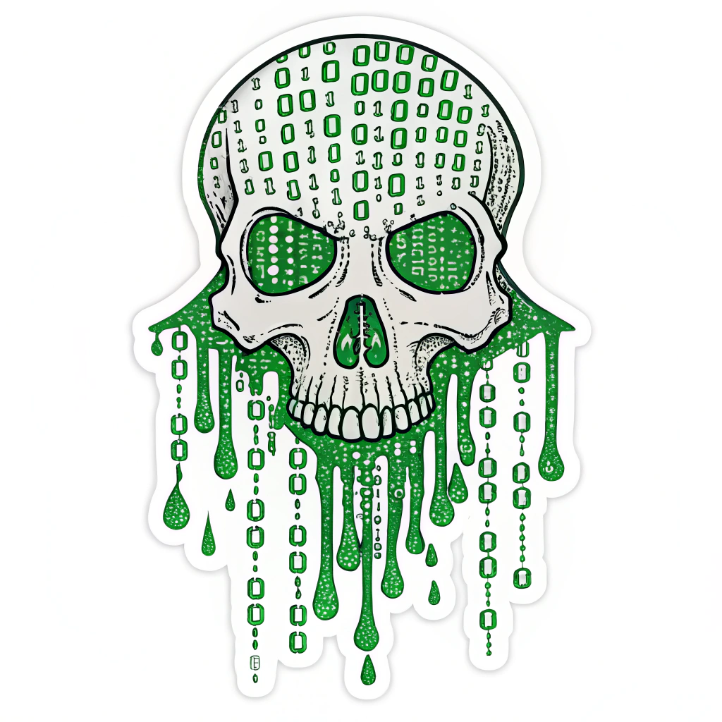 Glitching Binary Skull: A skull formed by cascading green binary digits (0s and 1s) on a black background. Glitch effects like fragmented sections and 'leaking' code with scan lines.