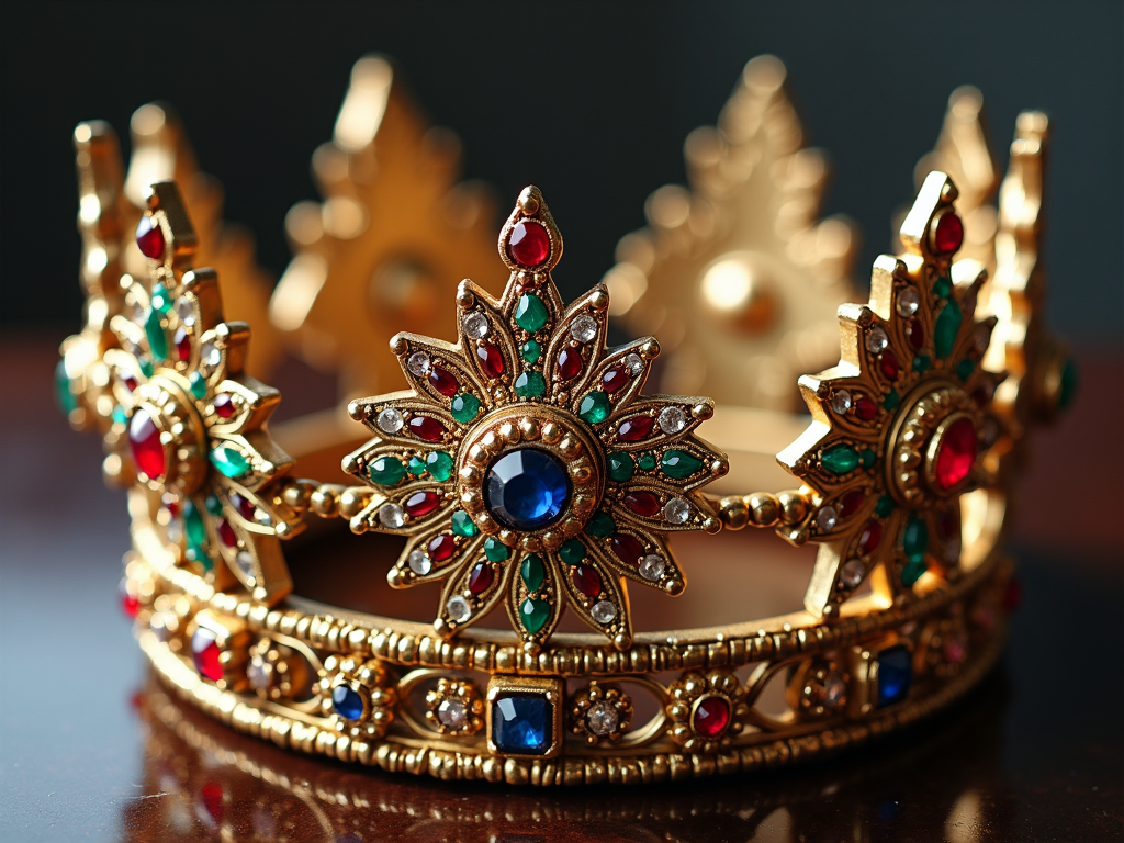 An elaborate crown viewed from above, revealing a starburst pattern of dazzling gemstones radiating from its center.