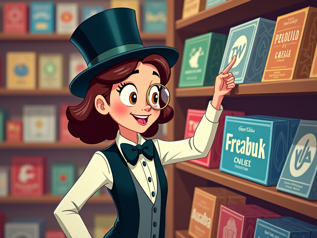 Exploring the wide aisles of a game store, a girl with twinkling eyes delights in her Mr. Monopoly guise. She scrutinizes the shelves displaying various editions of Monopoly, her monocle occasionally catching the light — a testament to her passion for collecting board games reflecting her diverse interests.