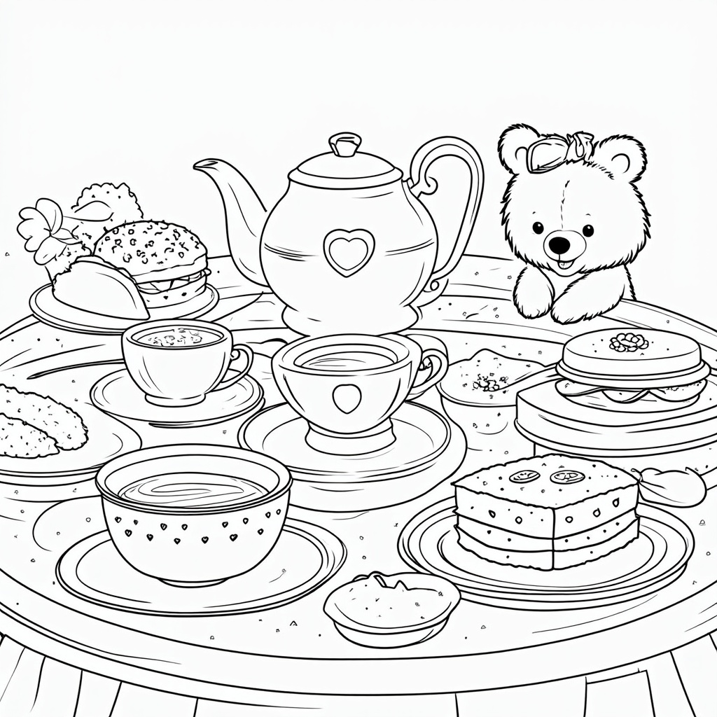 A 'Mother's Day Tea Party' theme page showing a beautifully set table with a teapot, teacups, scones with jam and cream, delicate pastries, and sandwiches, perhaps with a teddy bear enjoying the party too.