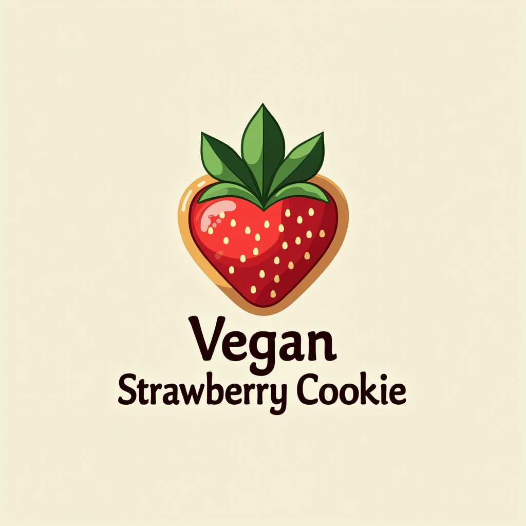 A logo design that integrates a stylized strawberry with a leaf and the cookie shape, forming a harmonious, organic emblem. Use a simple, sans-serif font for the text 'Vegan Strawberry Cookie', with colors that evoke both natural and sweet themes.