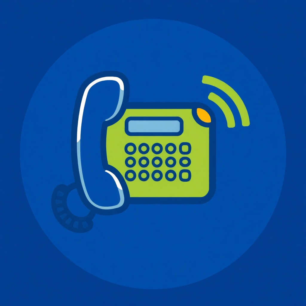 The image is a blue square with a green icon of a telephone in the center. The telephone is in the shape of a rotary dial with a cord attached to it. The cord is curved and has a small knob on the left side. On the right side of the phone, there is a yellow signal wave coming out of the receiver. The background is a solid blue color. The overall design is simple and minimalistic.