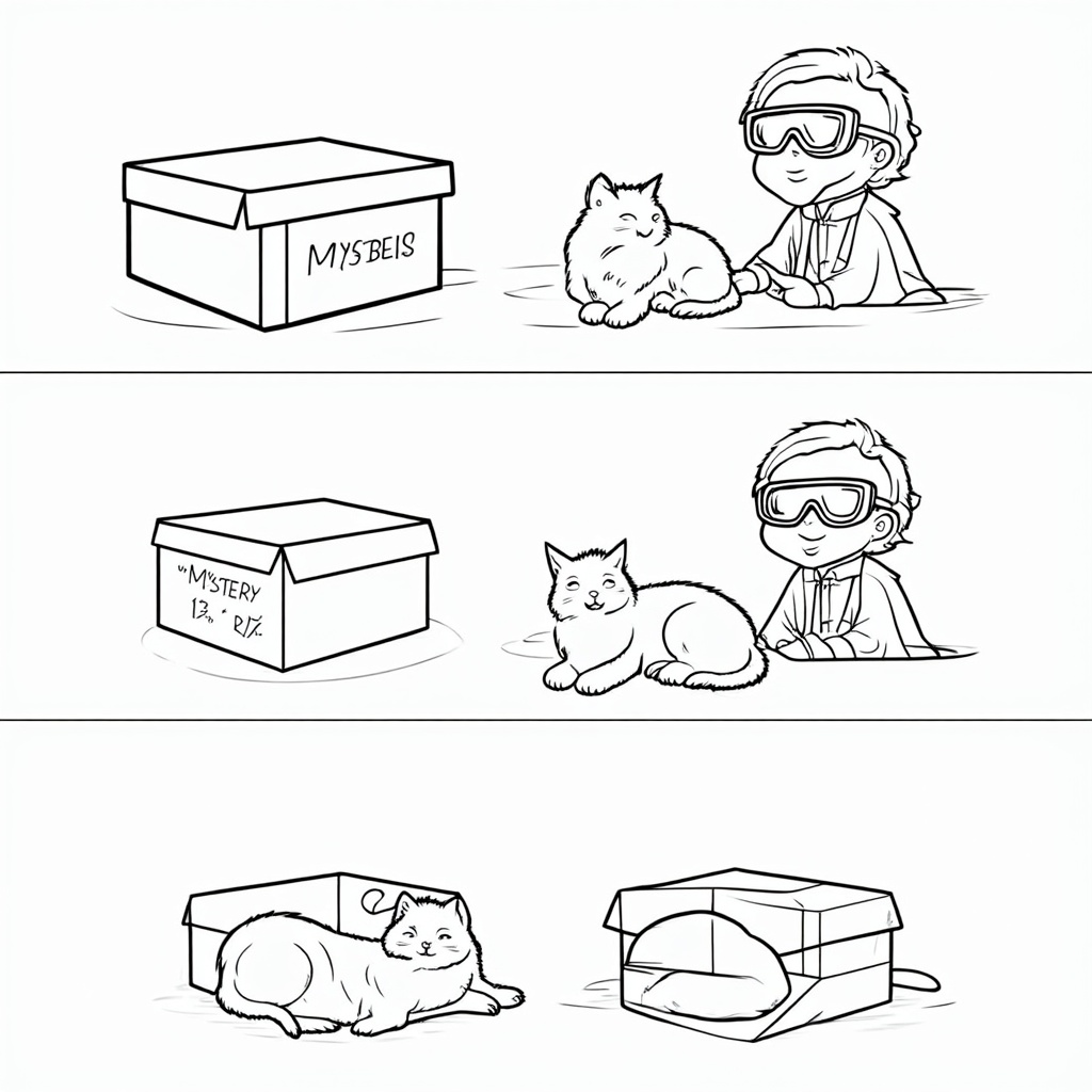A sequence of panels: Panel 1: The closed 'Mystery Box.' Panel 2: A scientist (perhaps a child with goggles) tentatively reaching to open the box. Panel 3: Two possible outcomes in smaller boxes side-by-side: one with a happy, alive cat, and one with a peacefully sleeping (or angelic, non-scary dead) cat.