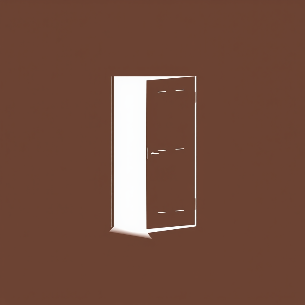 A simple silhouette of a door slightly ajar, suggesting an invitation or possibility.