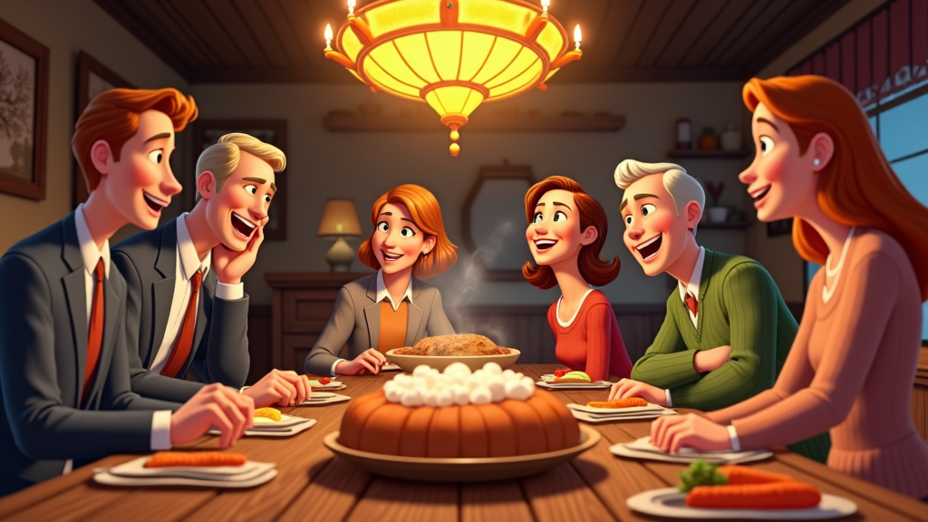 Beneath a cartoon chandelier, a rustic wooden table is packed with a Thanksgiving feast, including sweet potatoes topped with marshmallows and a bowl of steaming carrots. Animated figures, dressed in a mix of formal and casual outfits, lean toward each other, sharing stories and laughter on the special holiday.