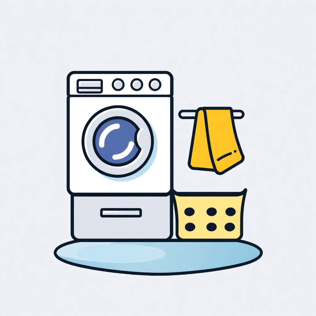 The image shows a washing machine with a yellow towel hanging from a hanger next to it. The washing machine is a bright yellow color and the towel is a vibrant yellow. The hanger is a light blue color and is attached to the top of the washing machine.