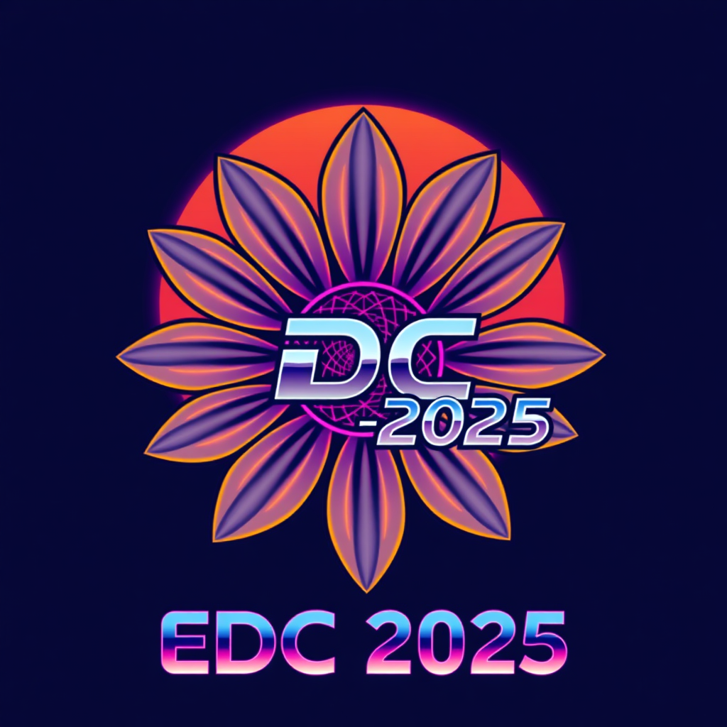 Synthwave Petals: A daisy reimagined through an 80s synthwave/retrowave aesthetic. Features sharp, geometric petals with bold neon outlines, a gridded center, and a vibrant sunset gradient background. 'EDC 2025' is rendered in a prominent, chrome, 80s-style typeface.