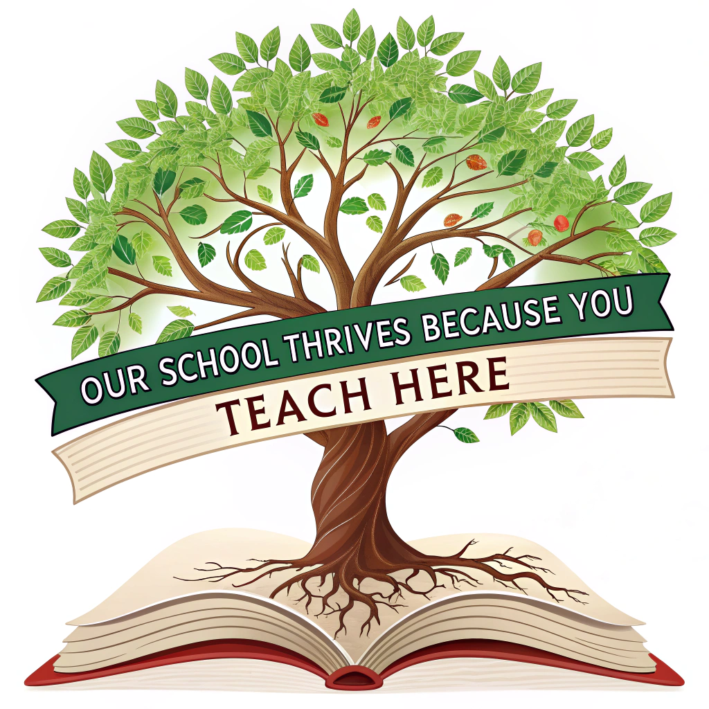 A vibrant, growing tree with book-like leaves or roots forming an open book. The slogan 'Our School Thrives Because You Teach Here' is integrated, for example, on a ribbon around the trunk or placed below the tree.