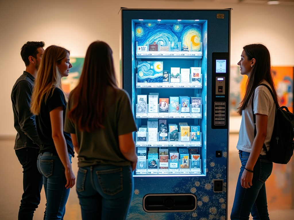 A sophisticated vending machine in a university art department offering cinema tickets and exhibit passes, adorned with famous artwork reproductions.