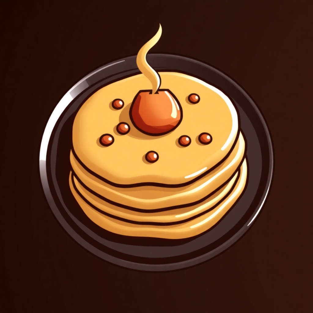 The image is a digital illustration of a stack of pancakes on a black plate. The pancakes are golden brown and appear to be freshly cooked. On top of the pancakes, there is a small cherry on top, which is drizzled with syrup. The plate is round and has a black rim. The background is dark, making the pancakes stand out. The overall color scheme of the image is warm and inviting.