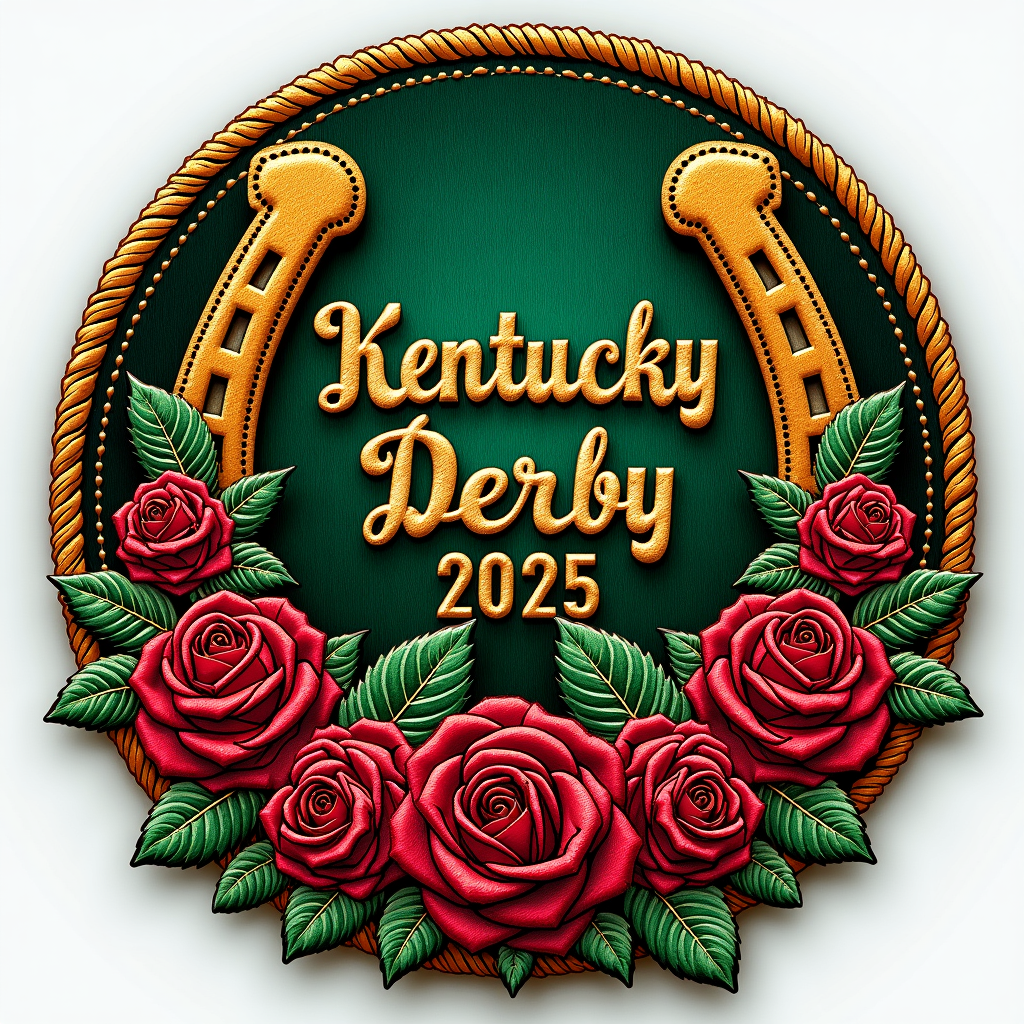 Emblem/Patch Style: A circular or shield-shaped emblem featuring roses and horseshoe elements, with 'Kentucky Derby 2025', designed to resemble a collectible embroidered patch.