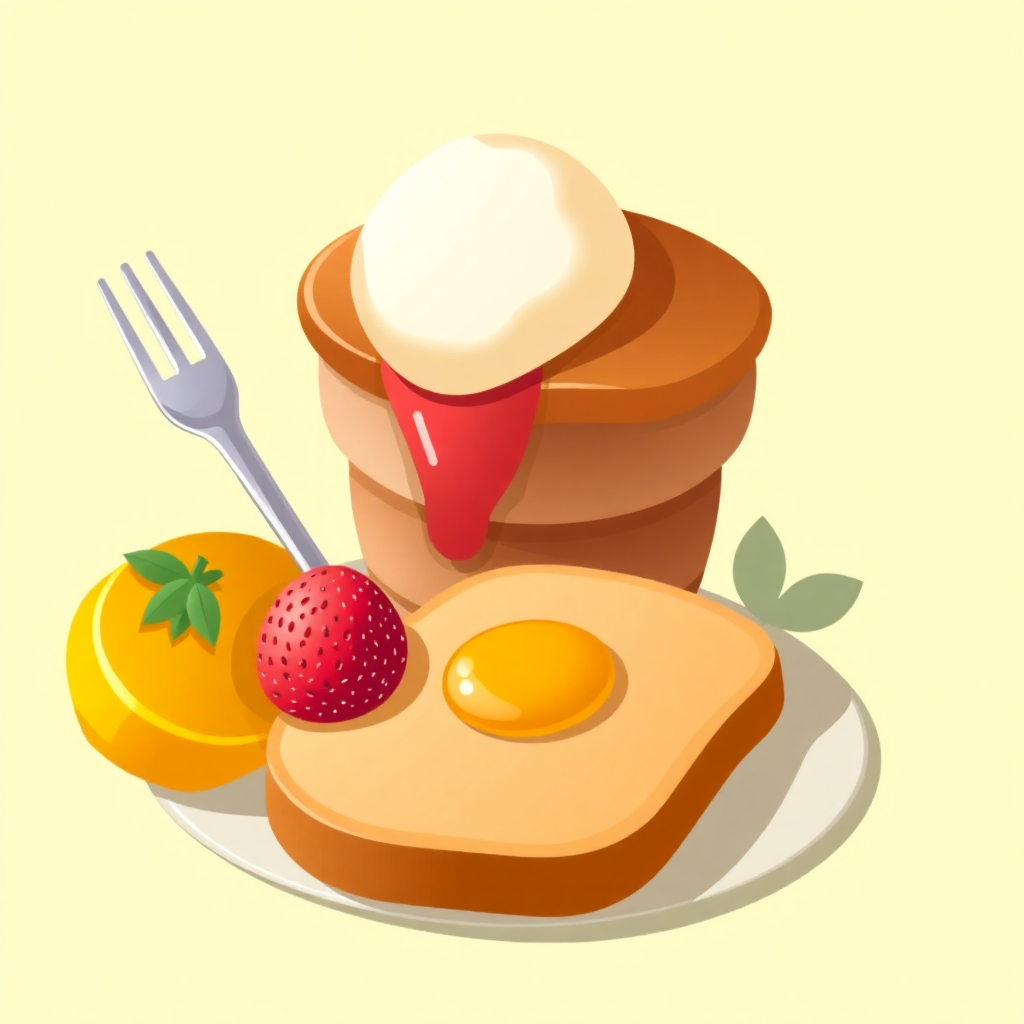 The image is an illustration of a breakfast dish. It consists of a stack of pancakes with a scoop of vanilla ice cream on top. The pancakes are golden brown and appear to be freshly cooked. On the plate, there is a fried egg, a strawberry, and a slice of orange. There is also a fork on the plate. The background is light yellow and there are two green leaves on either side of the plate as well. The overall color scheme of the image is warm and inviting.