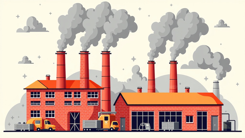 The image is an illustration of a factory with multiple red brick buildings and chimneys. The factory has multiple large windows and doors, and there are several trucks parked in front of it. The sky is filled with white clouds and there is a large plume of black smoke rising from the chimneys, indicating that the factory is emitting smoke. The overall color scheme of the image is red and orange, giving it a warm and industrial feel.