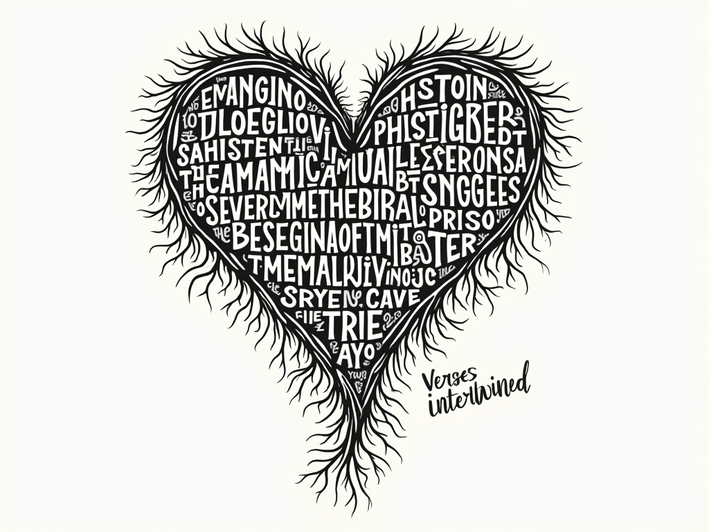 Typographic Interplay: Key lyrical phrases from both artists are intricately woven together, appearing as if threads or vines, forming a central dynamic shape. The artists' names and 'Verses Intertwined' could be typeset in a way that complements this entangled typography.