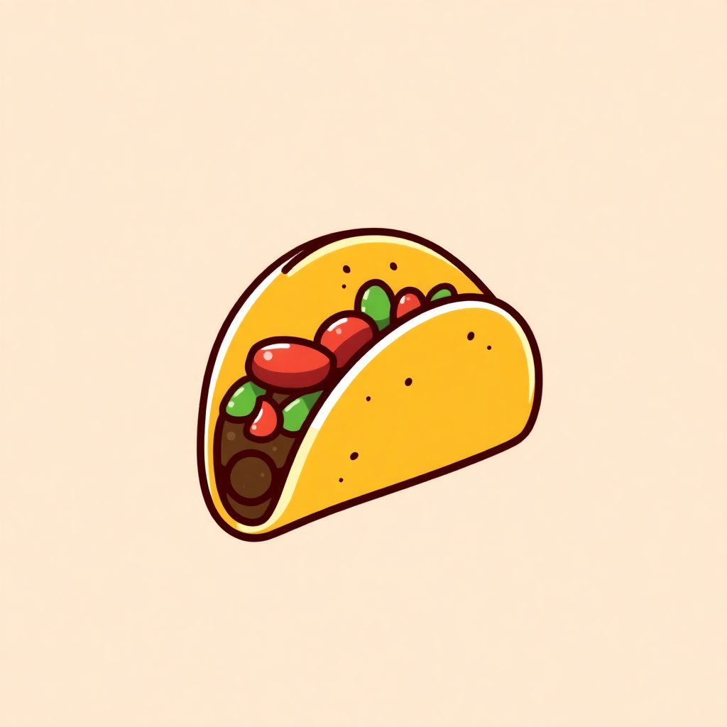 The image is a simple illustration of a taco. The taco is yellow in color and has a round shape with a flat top. It is filled with a variety of colorful ingredients, including red, green, and black beans. The beans are arranged in a circular pattern on top of the taco, with some overlapping each other. The background is a light beige color. The overall design is simple and cartoon-like.