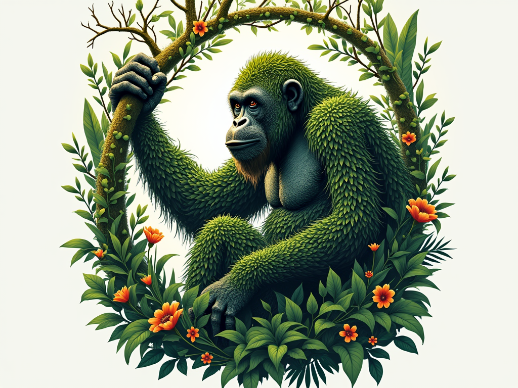 Sub-Design Idea 3: 'Nature's Weave' - An intricate silhouette of an endangered animal (e.g., an orangutan) formed entirely by intertwined leaves, flowers, and branches of its native habitat's flora, highlighting its deep dependency on a healthy ecosystem.