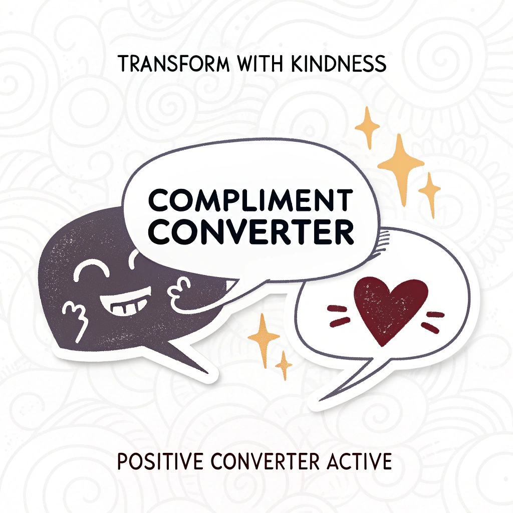 An illustration of a digital 'Compliment Converter' where negative comments are depicted entering one side (e.g., as dark, jagged speech bubbles) and exiting the other side transformed into bright, constructive, or kind messages. Text: 'Transform with Kindness' or 'Positive Converter Active'.